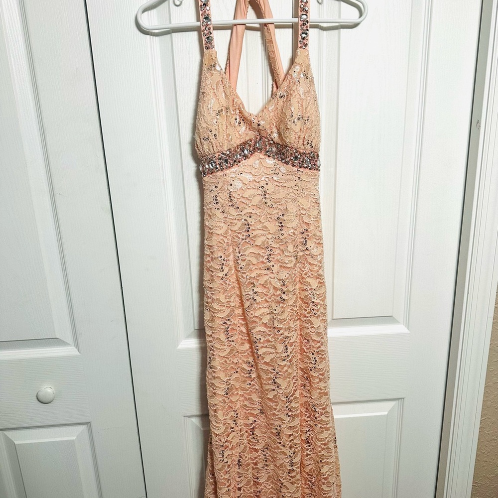 My Michelle Peach Lace Prom Gown with Beaded Waist and Straps